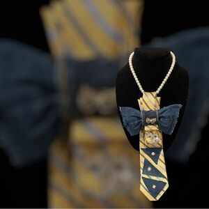 Yellow and Navy Striped Tie Necklace with Pearl Chain